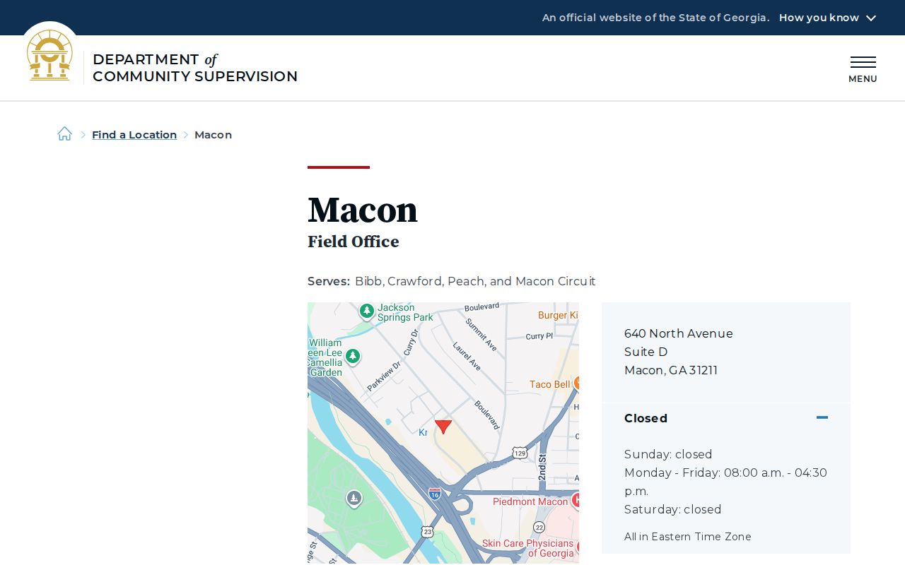 DCS Macon office serving Peach County parole and probation cases